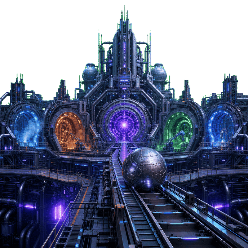 Big Gravity Factory laboratory with metal sphere and neon pipes